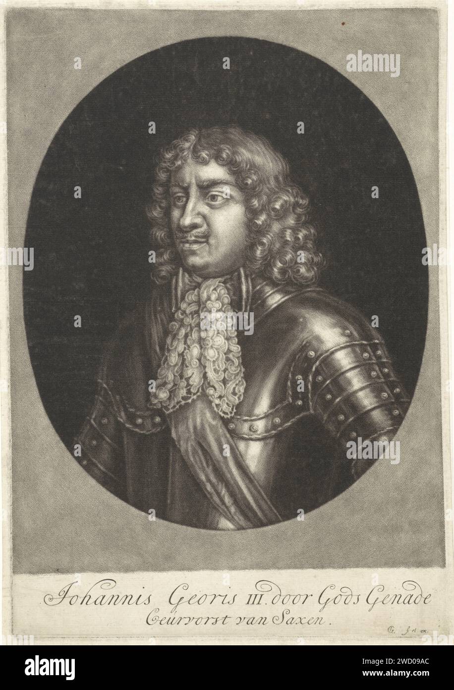 Portrait de Johan Georg III van Saksen, Jacob Gole, 1670 - 1724 estampe Johan Georg III, électeur de Saxe. Il porte un harnais avec un col en dentelle. Gravure sur papier Amsterdam Banque D'Images