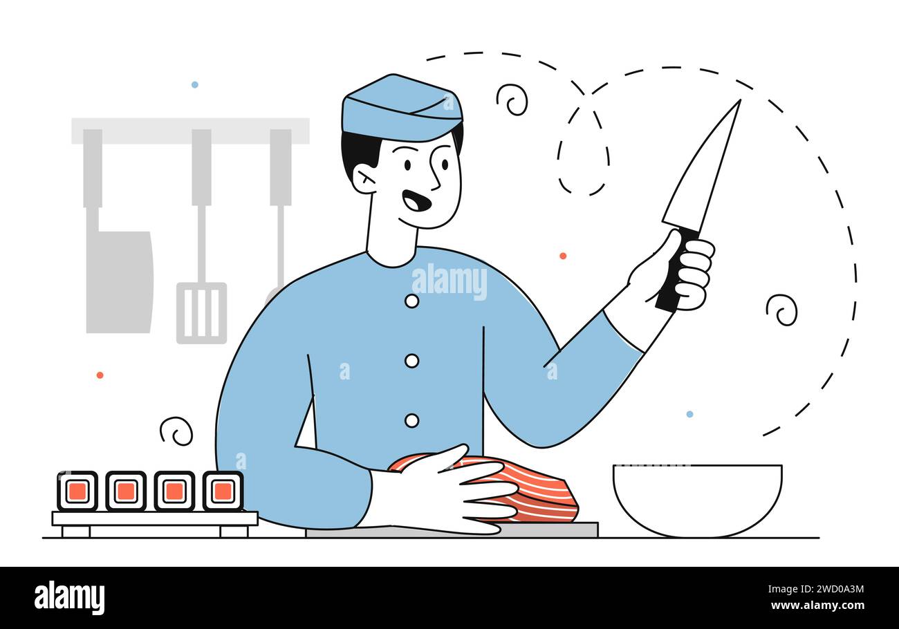 Chef de sushi avec vecteur de couteau linéaire Illustration de Vecteur