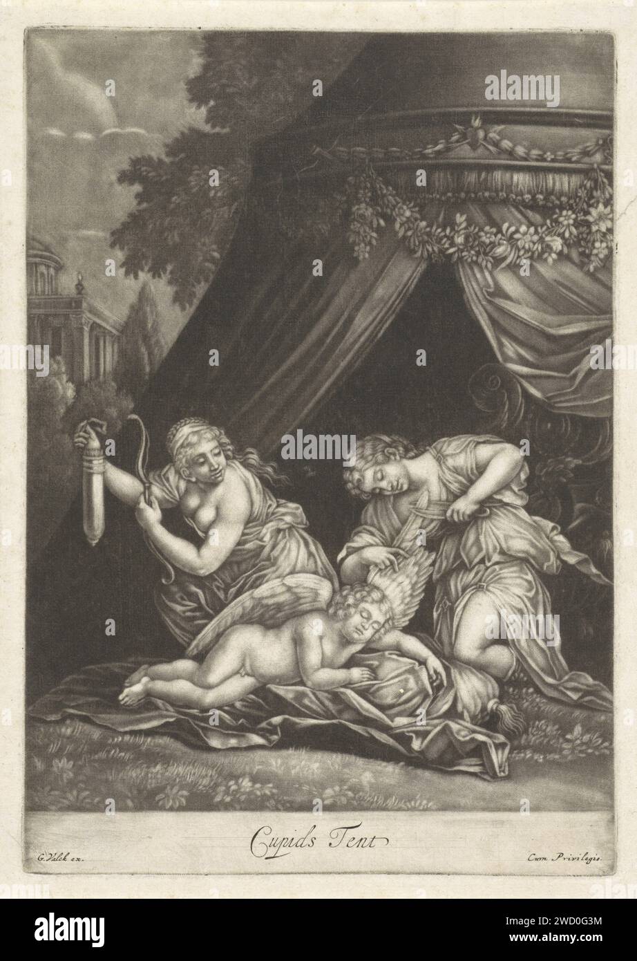 Amor est raccourci, Anonymous, d'après Francesco Albani, 1662 - 1726 imprimé alors qu'Amor dort devant sa tente, ses ailes sont raccourcies et sa manche de flèche et son arc volés. outils en papier, aides, outils  artisanat et industries : ciseaux. Cupidon entravé, 'Amor Cruciatus'. armes d'archer : arc et flèche Banque D'Images