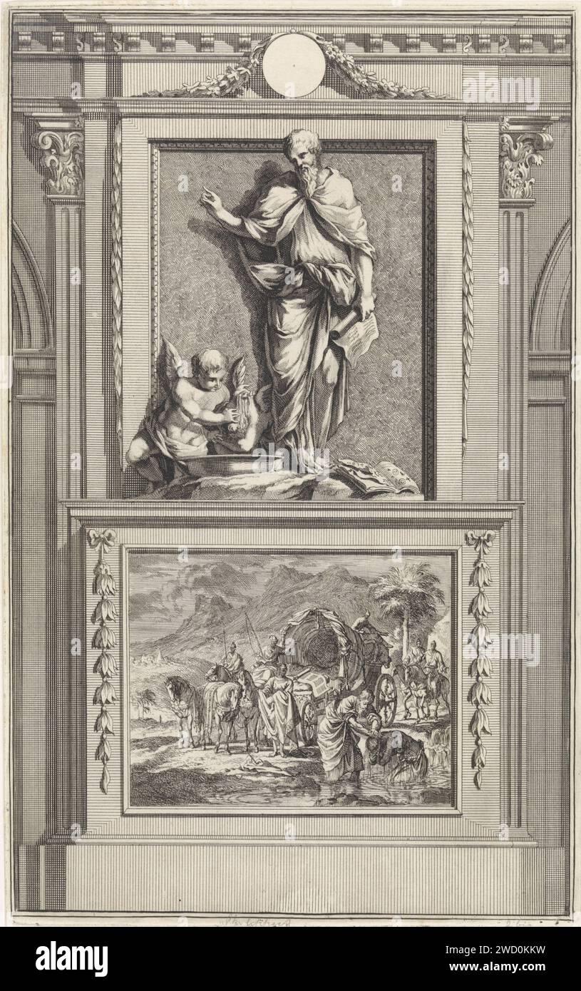 Apôtre Filippus, Jan Luyken, d'après Jan Goeree, 1698 imprimer l'apôtre Filippus fait un geste de bénédiction sur un ange qui est baptisé. Philippe est sur un piédestal où le baptême de la chambrure est représenté sur le devant. Amsterdam gravure sur papier / gravure l'apôtre Philippe ; attributs possibles : livre, croix, plat avec serpent, lance, rouleau, pierre, épée. Philippe baptise l'eunuque Banque D'Images