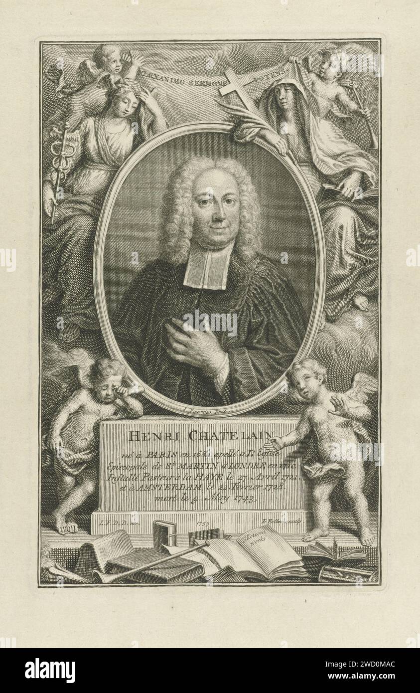 Portret Van Henri Chatelain, Jacob Folkema, d'après Louis Fabritius Dubourg, 1759 tirage Portrait buste dans l'ovale du pasteur Henri Châtelain, pieds nus et main gauche sur la poitrine. Le portrait est basé sur un piédestal sur lequel le nom, les titres et les détails de naissance et de décès de la personne représentée sont énumérés en français. En haut se trouvent deux figures allégoriques de chaque côté de l'ovale avec un caducée, une branche de palmier et une croix dans vos mains. Derrière ces deux putti tiennent un tissu avec le texte latin : Flexanimo Sermone Potens. À gauche et à droite du piédestal se trouvent également deux putti, dans le foregrou Banque D'Images