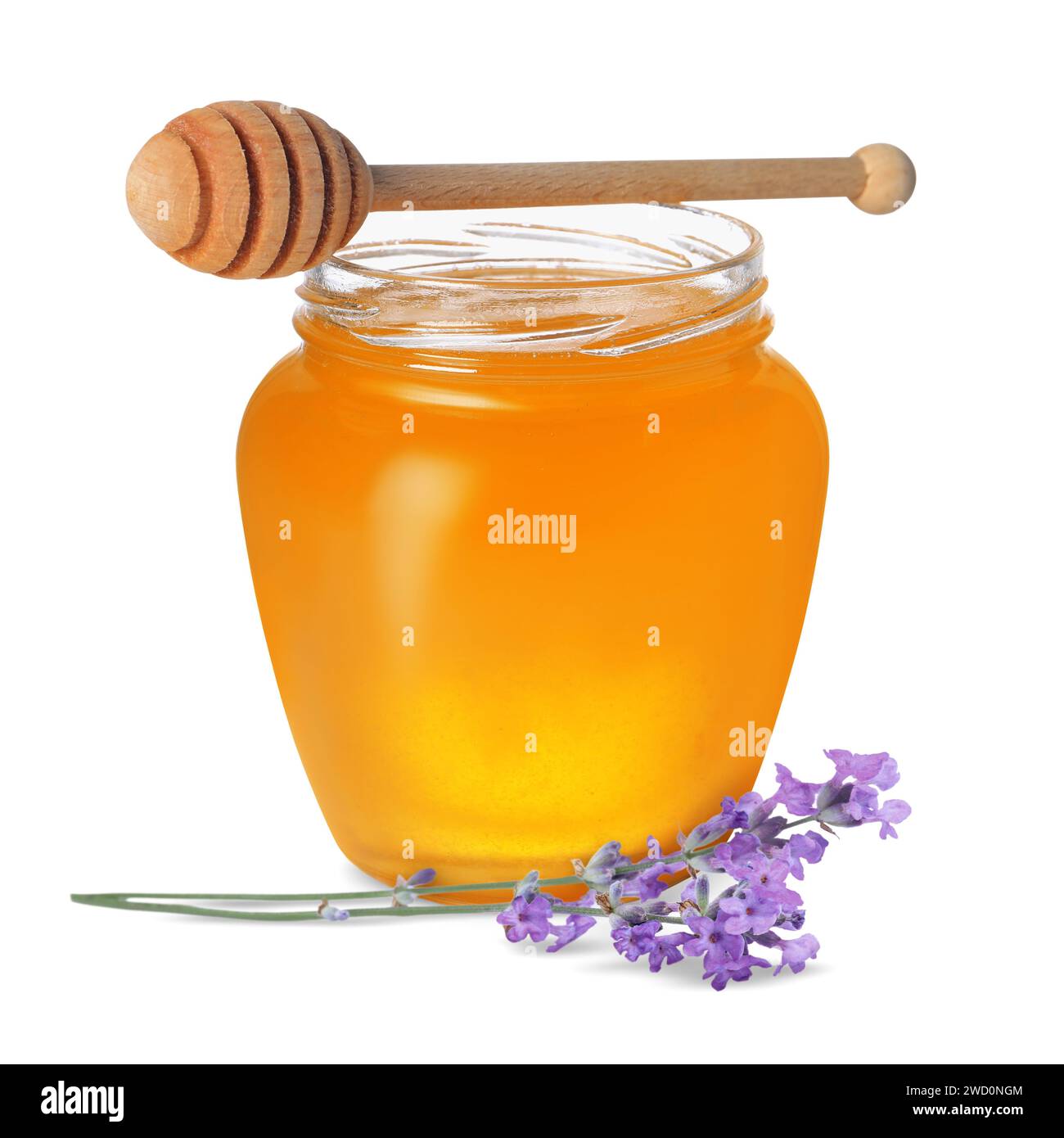 Miel en bocal en verre, plongeur et fleurs de lavande isolés sur blanc Banque D'Images