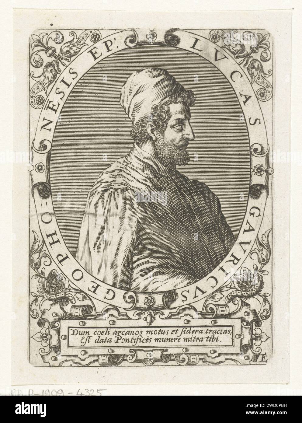 Portrait de Luca Gaurico, Theodor de Bry, d'après Jean Jacques Boissard, tirage de 1669 Portrait de l'astronome italien Luca Gaurico, en ovale avec bordure. Sous le portrait un verset latin. Gravure sur papier Frankfurt am main Banque D'Images