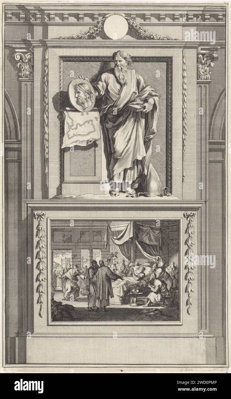 H. Titus, Jan Luyken, d'après Jan Goeree, 1698 estampe Saint Titus tient un portrait du roi de Crète qui est basé sur une carte de cette île. Titus se tient sur un piédestal où son lit de mort a été représenté sur le devant. Amsterdam gravure sur papier / gravure de saints mâles (avec NOM). lit de mort Banque D'Images