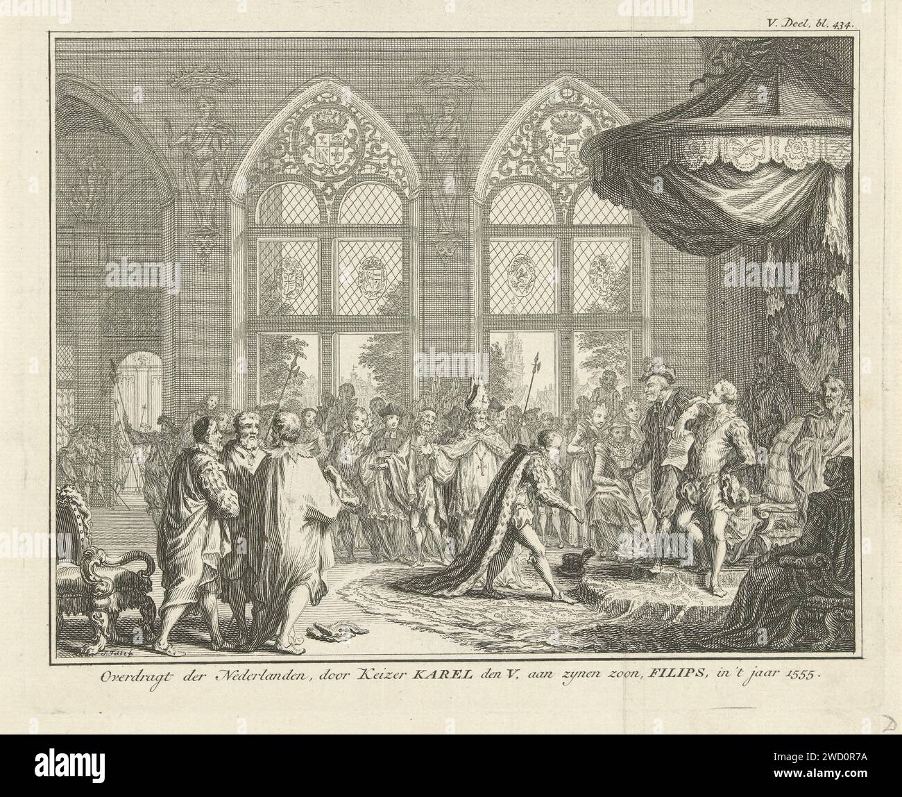 Charles V transmet le gouvernement des pays-Bas à son fils Philippe II, 1555, Simon Fokke, 1722 - 1784 estampe Philippe II fait un arc pour Karel V, qui est sur une élévation. Karel V s'appuie avec son coude sur l'épaule du prince Willem van Oranje. Les passants dans la salle assistent au transfert du gouvernement. Imprimer en haut à droite marqué : V. part, bl. 434. Amsterdam papier gravure abdication volontaire (d'une règle) Bruxelles Banque D'Images