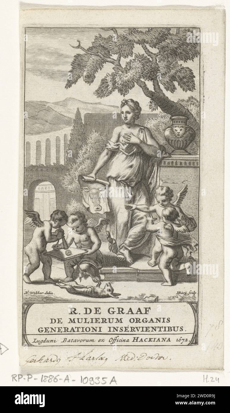 Estampes des organes reproductifs féminins, Hendrik Bary, d'après H. Webber, 1672 estampe Une femme montre une image anatomique à deux enfants. Deux enfants à gauche, une vue avec une loupe un oeuf, sur le sol est un lièvre mort avec un ventre coupé. Reinier de Graaf a utilisé des lièvres pour ses recherches sur la fonction des organes génitaux féminins. Leçon d'anatomie de gravure sur papier des pays-Bas Banque D'Images