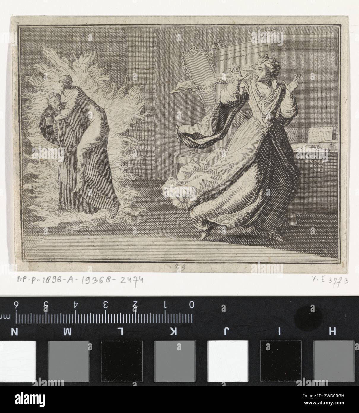Veuve voit son mari décédé et son confesseur dans les flammes de l'enfer, Caspar Luyken, 1710 print Nuremberg gravure papier / impression typographique flamme. veuve Banque D'Images