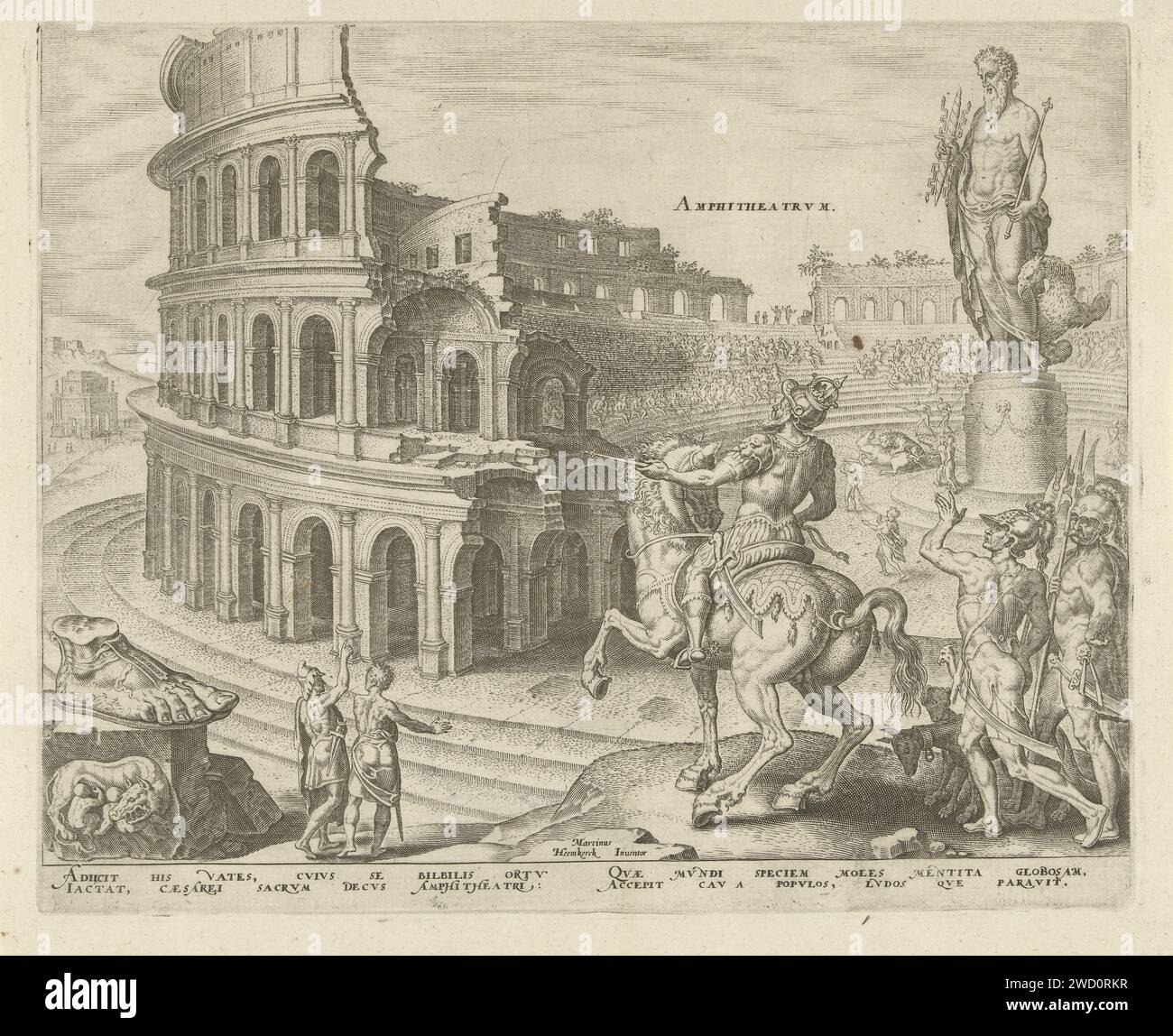 Colisée à Rome, Philips Galle, d'après Maarten van Heemskerck, 1572 imprimer la ruine du Colisée romain. Au centre du Colisée, une statue de Jupiter. Il y a des combats en cours. Au premier plan Empereur Vespasien à cheval. Il avait ordonné la construction du Colisée. Sur la gauche au premier plan un relief avec le suceur Romulus et Remus. L'estampe a une légende latine et fait partie d'une série sur les huit merveilles du monde. Imprimeur : Antwerpafter design by : HaarlemHaarlempublisher : Antwerp Paper gravure amphithéâtre. autres monuments qui sont parfois inclus dans le Banque D'Images