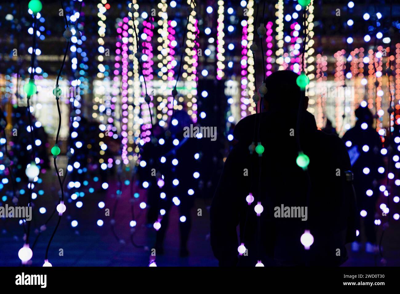 Londres, Royaume-Uni. 17 janvier 2024. On voit des gens interagir avec l'installation lumineuse Submergence de Squidsoup (Royaume-Uni) à Canary Wharf à Londres. 'Winter Lights' est revenu à Canary Wharf pour les 8e éditions avec 13 installations temporaires et 6 collections permanentes. L'exposition de lumière extérieure commencera à partir d'aujourd'hui jusqu'au 27 janvier 2024. Crédit : SOPA Images Limited/Alamy Live News Banque D'Images