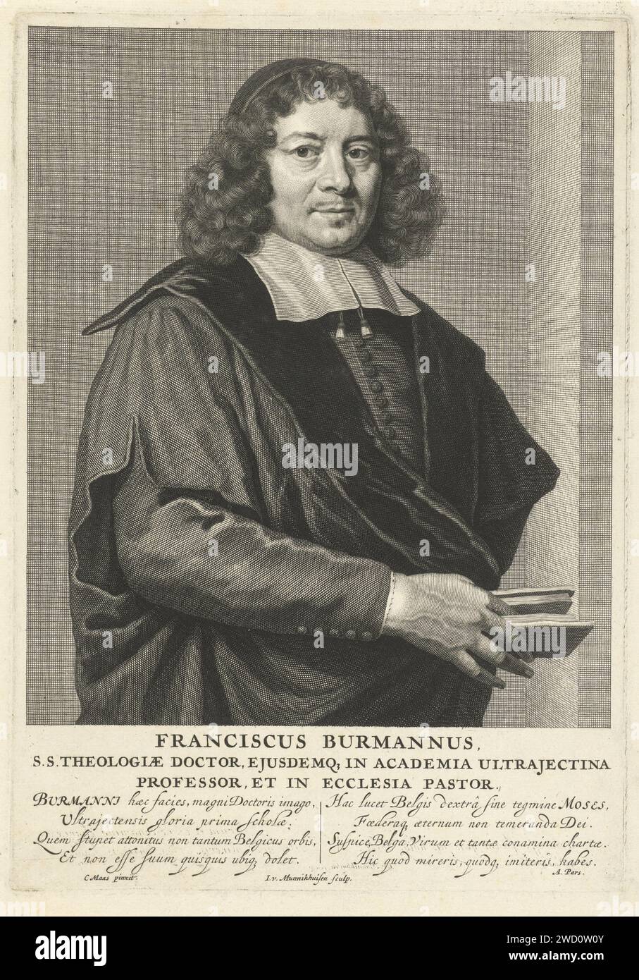 Portrait de Frans Burman (I), Jan van Munnickhuysen, d'après C. Maes, 1685 - 1721 print Portrait de Frans Burman (I), pasteur et professeur de théologie à Utrecht, avec une Bible à la main. Au bas de la marge, deux versets de quatre lignes en latin. Gravure sur papier pays-Bas Banque D'Images