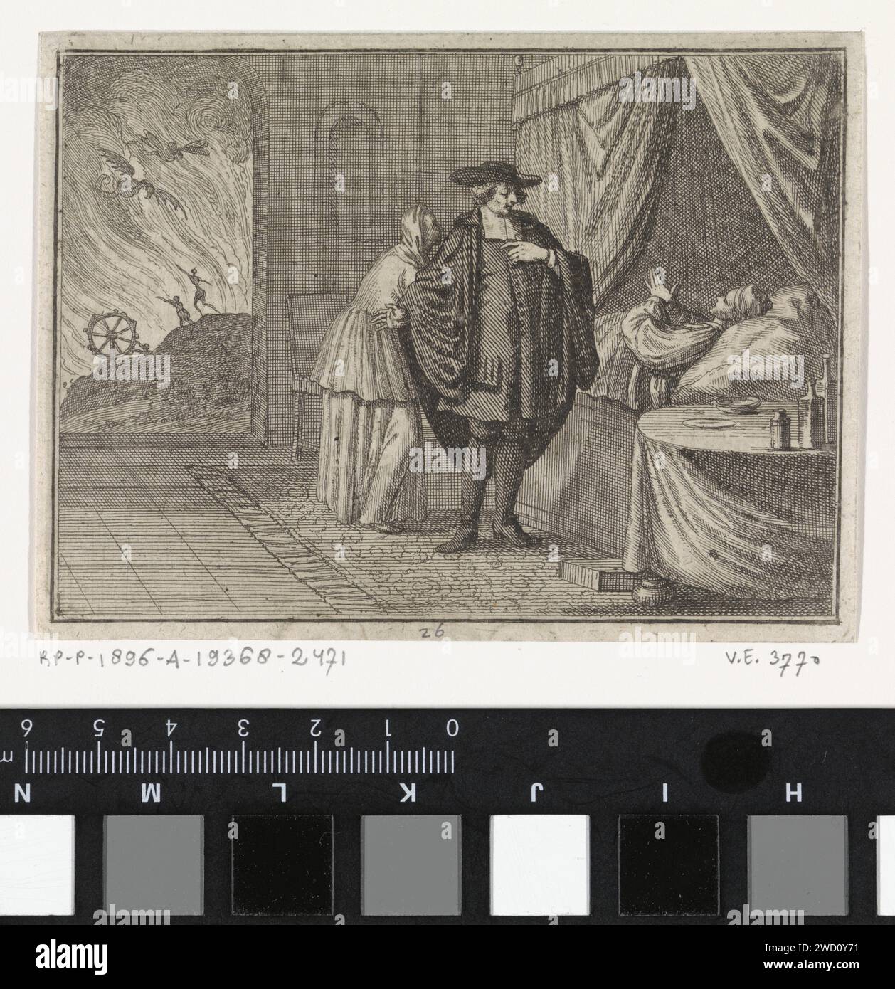 Dying voit les flammes de l'enfer de son lit, Caspar Luyken, 1710 print Nuremberg gravure papier / impression typographique mourant. représentations de l'enfer (avec les damnés et les démons), généralement avec des feux brûlants Banque D'Images