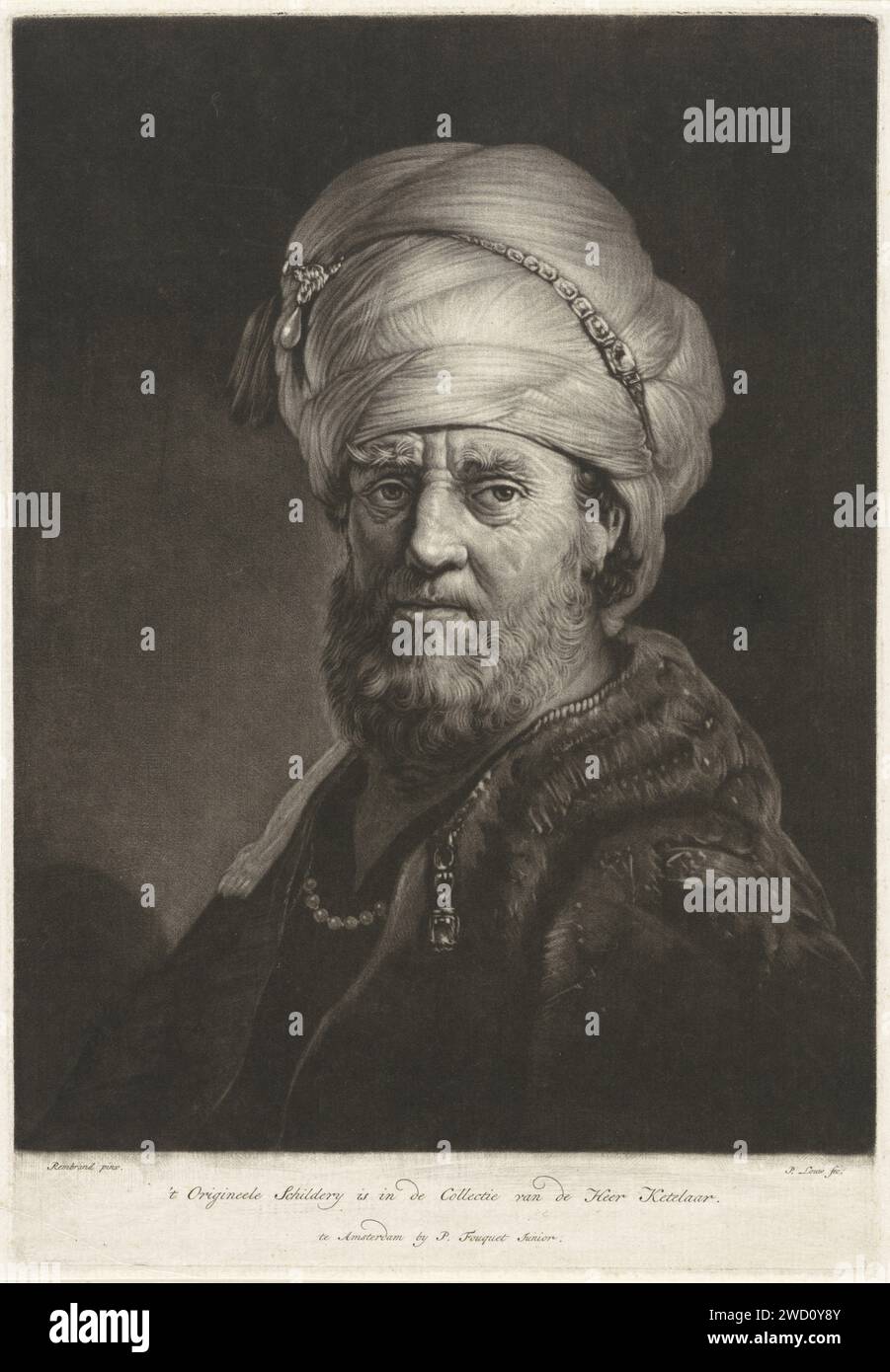 Portrait buste d'un homme avec un turban, Pieter Louw, d'après Rembrandt van Rijn, 1743 - 1800 print Amsterdam paper Banque D'Images