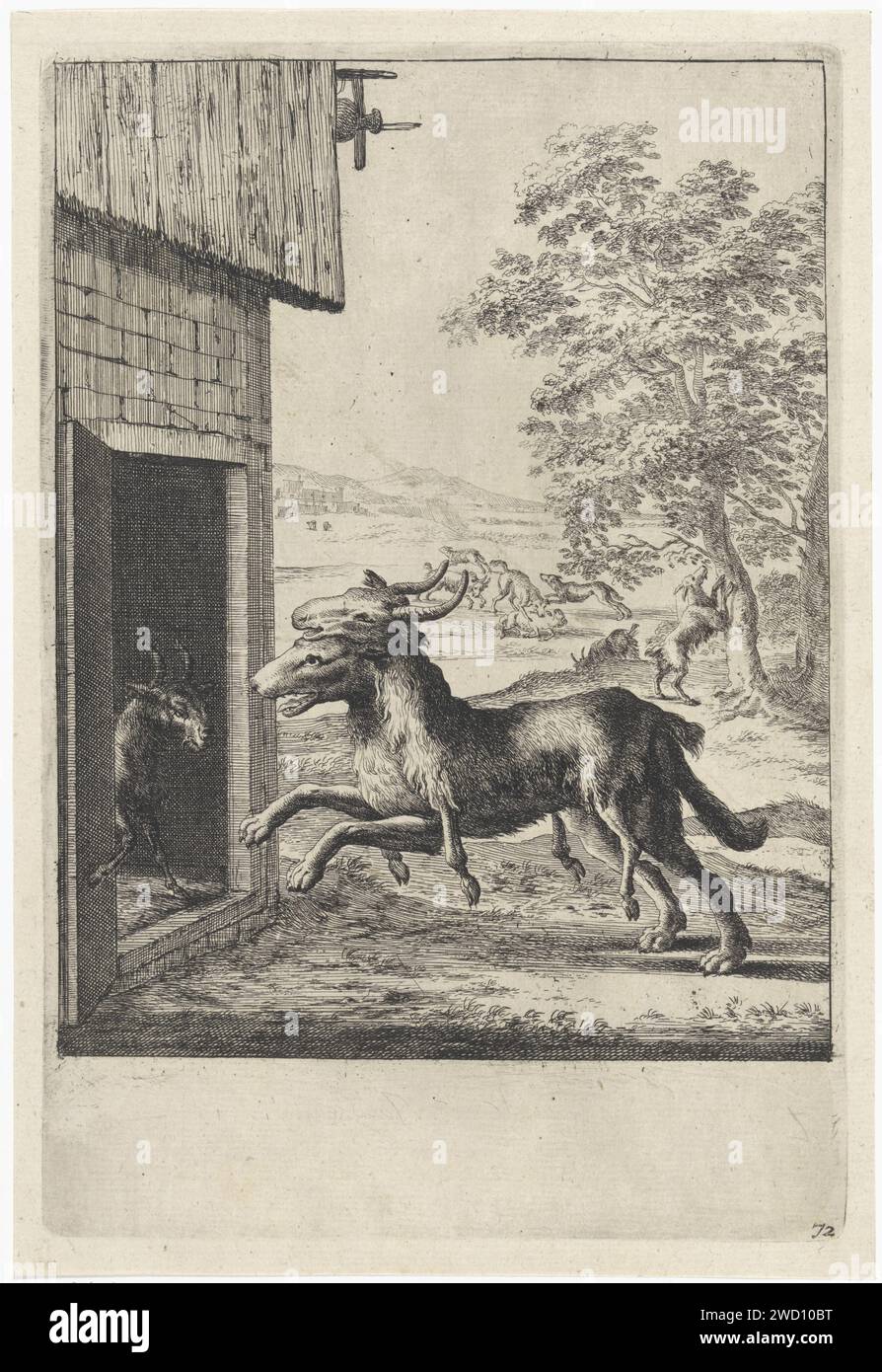 Fable de la chèvre et de Wolf, Dirk Stoop, 1665 imprimer Une chèvre ouvre la porte de l'écurie pour un loup vêtu d'un manteau de chèvre. Les loups attaquent un troupeau de chèvres en arrière-plan. Illustration d'une fable d'Aesopus. Fables de gravure sur papier de Londres. elle-chèvre, nounou-chèvre. kid (chèvre). bêtes de proie, animaux prédateurs : loup Banque D'Images