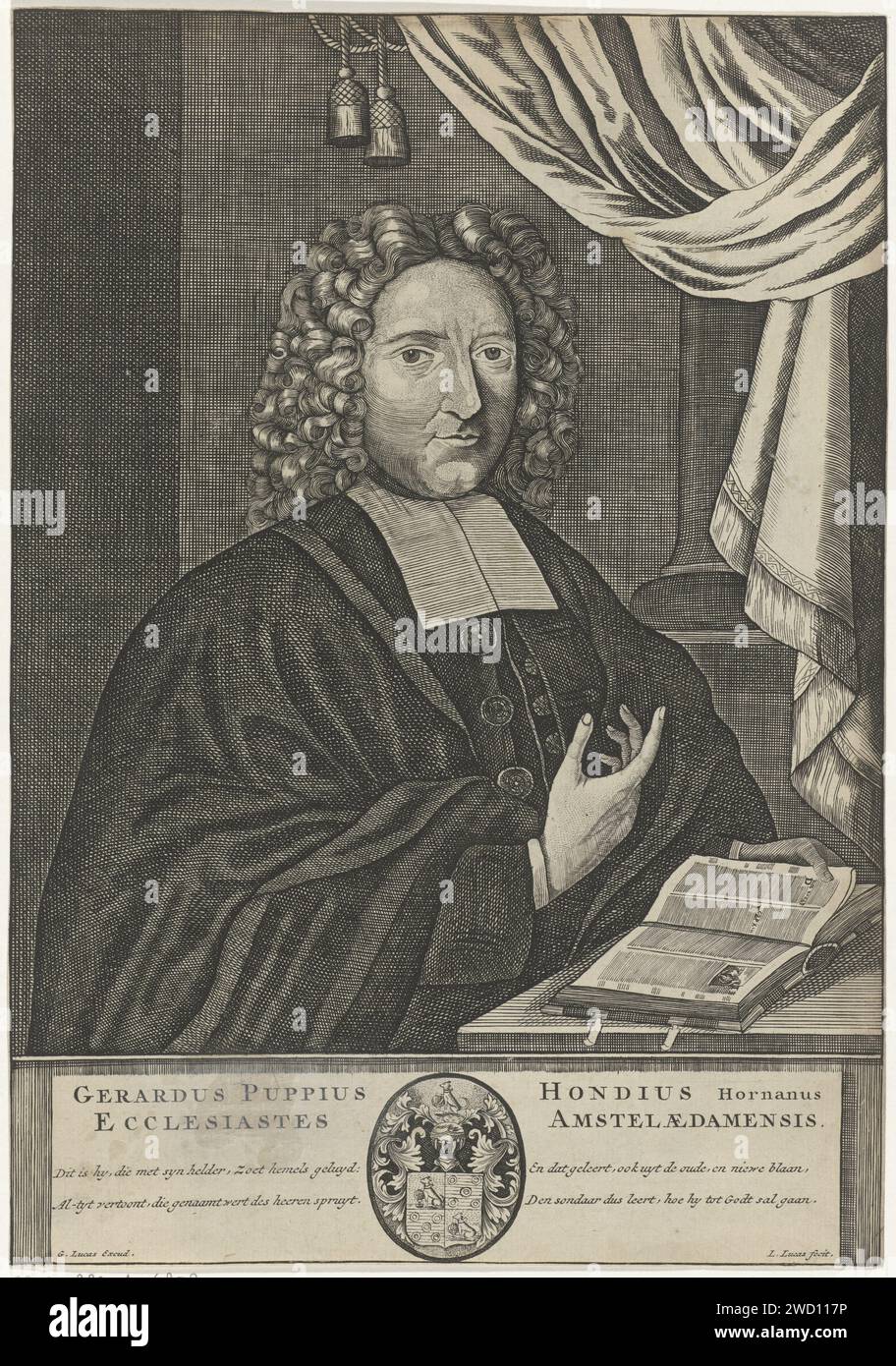 Portrait de Gerardus Puppius Hondius, Louis Lucas, c. 1650 - 1731 tirage Portrait de Gerardus Puppius Hondius, pasteur à Amsterdam. Sous le portrait, l'écusson de la famille Hondius. gravure sur papier / gravure Banque D'Images