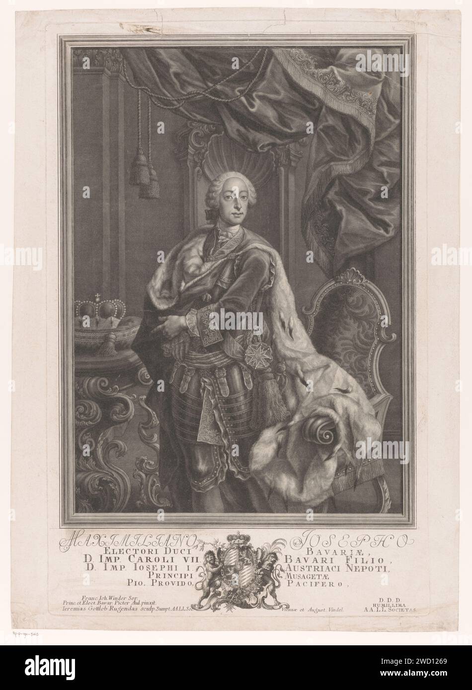 Portrait de Maximilien III Joseph, électeur de Bavière, Jeremias Gottlob Rugendas, d'après Franz Joseph hiver, 1720 - 1772 tirage Vienne gravure sur papier personnages historiques. roulement armorial, héraldique. souverain, souverain. Ordre de chevalerie de la Toison d'or Banque D'Images