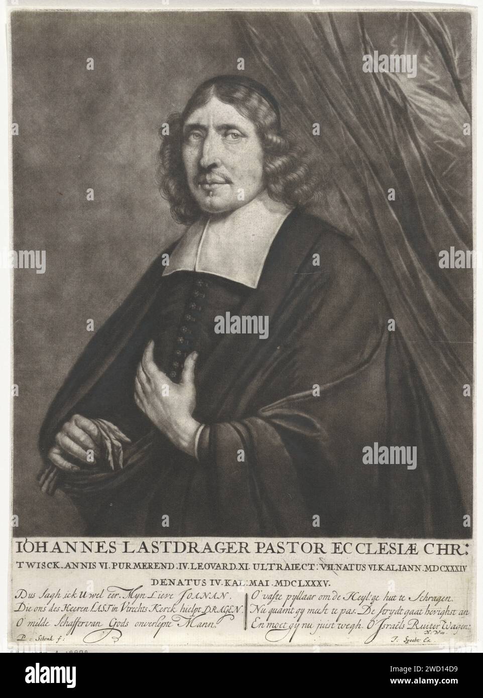 Portrait du pasteur Johannes Lastdrager, Pieter Schenk (I), 1685 - 1713 copies Amsterdam gants de gravure en papier, mitaines, etc Banque D'Images