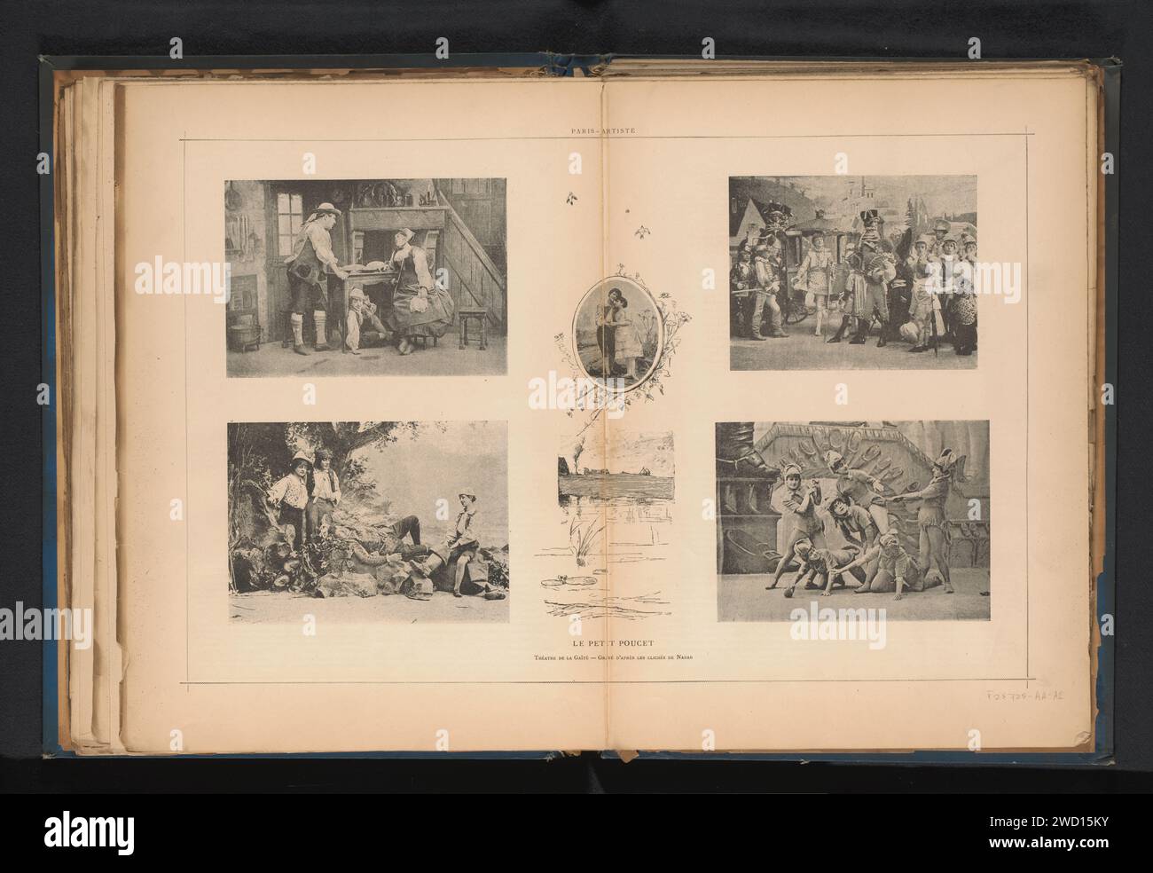 Cinq enregistrements du Théâtre de la Gaite dans le petit Poucet, Félix Nadar, c. 1880 - c. 1886 impression photomécanique en bloc de théâtre, représentation théâtrale. Groupe d'acteurs, troupe ; acteurs sur la scène Paris Banque D'Images