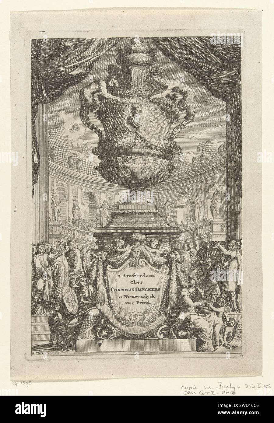 VaaS, Cornelis Danclacks (II), d'après Jean Lepautre, c. 1696 - c. 1717 impression sur le corps du vase est un buste portrait, les poignées ont la forme de tritons. Imprimeur : Amsterdamafter design par : France (possiblement)éditeur : Amsterdam paper graving Banque D'Images