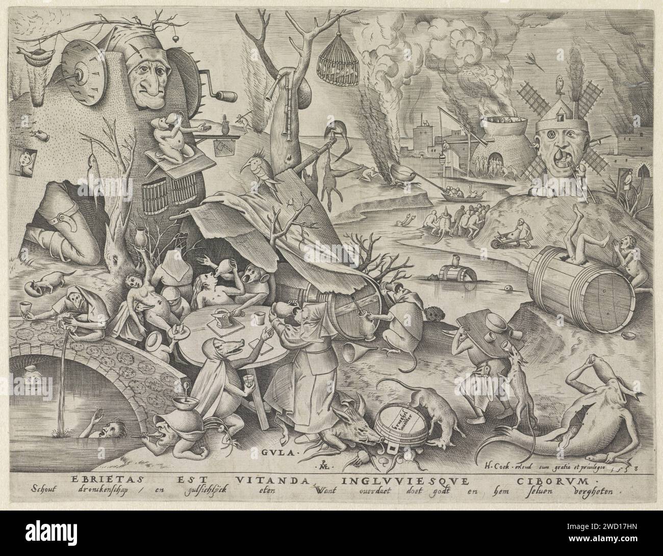 Gourmandise, Pieter van der Heyden, d'après Pieter Bruegel (I), 1558 imprimer la personnification féminine de la gourmandise (Gula) est sur un cochon et boit dans une cruche à table. Les femmes sont assises autour de la table. Autour de toutes sortes de scènes fantastiques et de monstres avec lesquels ce péché de tête est dépeint. Avec légende d'une règle en latin et d'une règle en néerlandais. Papier d'Anvers gravure gloutonie, intempérance, 'Gula' ; 'Gola', 'Ingordigia', 'Ingordigia overo AviditÃ', 'VoracitÃ' (Ripa)  personnification de l'un des sept péchés capitaux. ivresse. diables sous la forme d'animaux (fabuleux) Banque D'Images