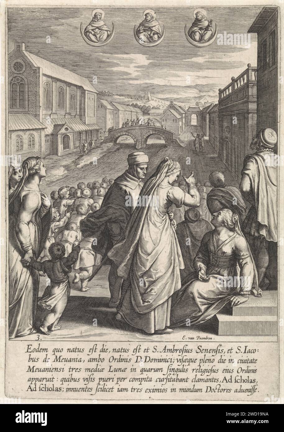 Apparition de trois Dominicains, Egbert van Panderen, d'après Otto van Veen, 1610 print CityScape avec un groupe de personnages au premier plan, regardant vers le ciel. Là, ils voient trois fois une demi-lune avec les bustes des Dominicains : le H. Thomas van Aquino, le bienheureux Ambrosius de Sienne et le bienheureux Jacobus de Bevagna. Dans la marge, une légende de cinq lignes en latin. Troisième tirage d'une série de trente tirages qui représentent l'histoire de la vie de Thomas d'Aquino. Anvers gravure sur papier le théologien dominicain, 'Docteur Angélique' Thomas d'Aquino ; attributs possibles : livre, (chaîne avec) soleil, colombe, g Banque D'Images
