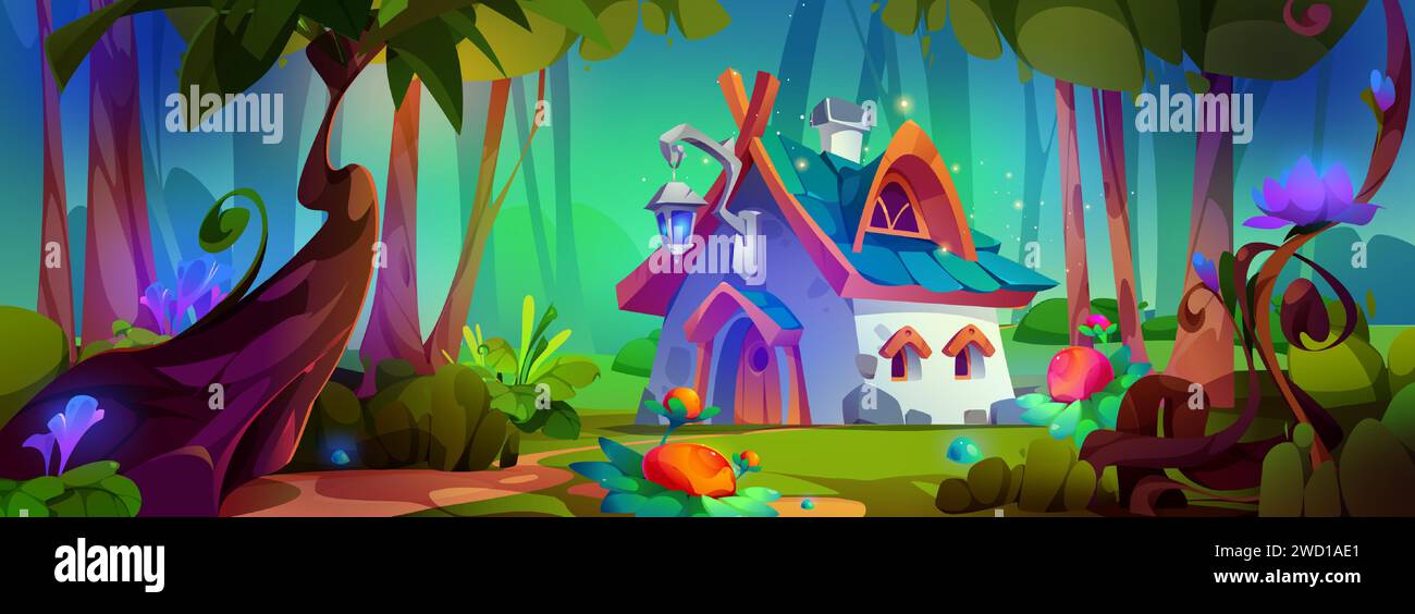 Magique minuscule maison de gnome ou elfe dans la forêt avec des arbres verts et des fleurs et des plantes brillantes de néon fantastiques. Paysage de bois d'été de conte de fées de dessin animé avec petite maison avec portes, fenêtres et lanterne. Illustration de Vecteur