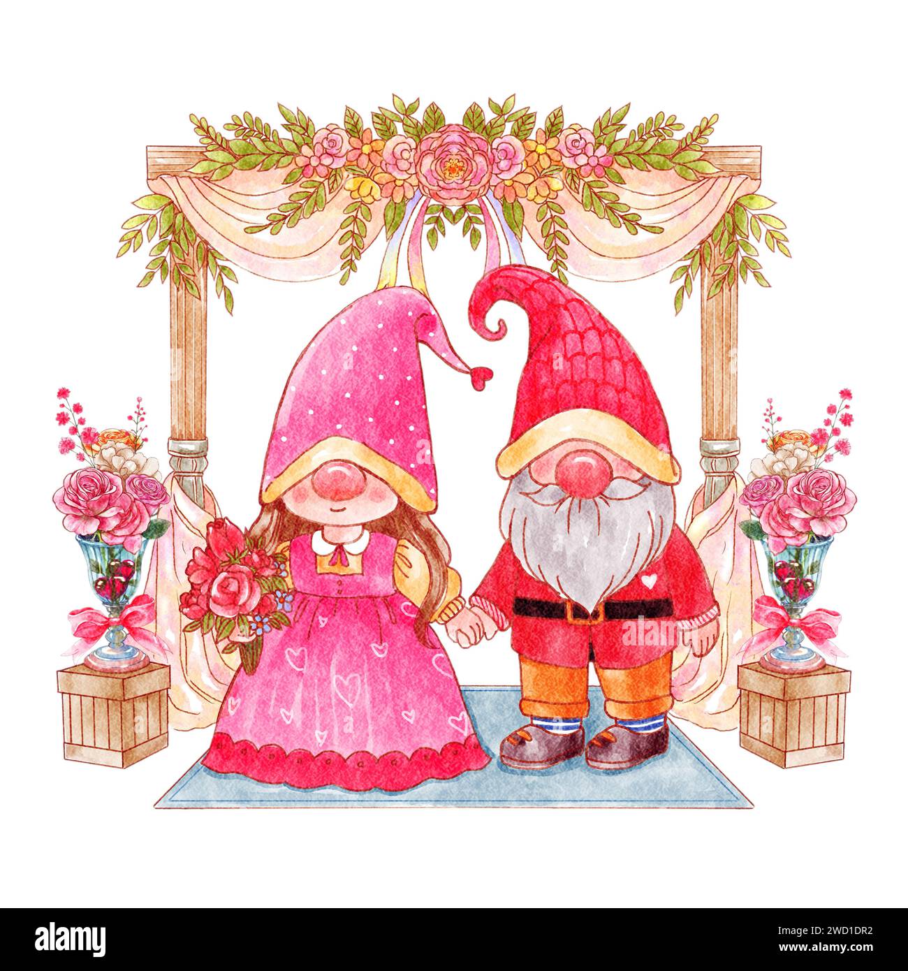Cérémonie de mariage des gnomes de couple . Conception de peinture à l'aquarelle. Concept de Saint-Valentin. Illustration . Banque D'Images