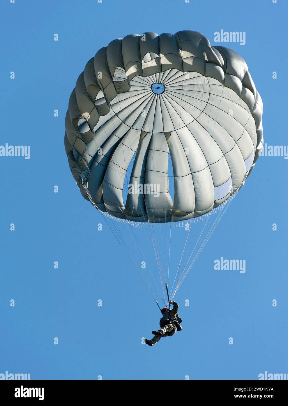 Un technicien en élimination de munitions explosives descend sous un parachute pendant un entraînement en chute libre en ligne statique. Banque D'Images