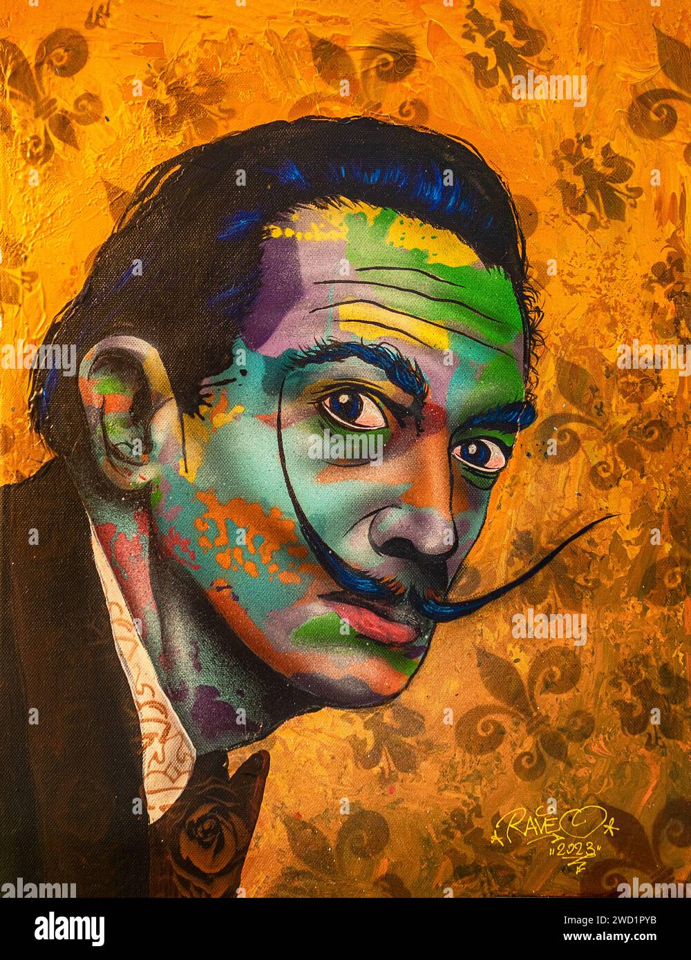 Salvador Dalí Persona coloré Une illustration d'art moderne en toile avec des coups de pinceau et de spray et un arrière-plan vibrant Banque D'Images