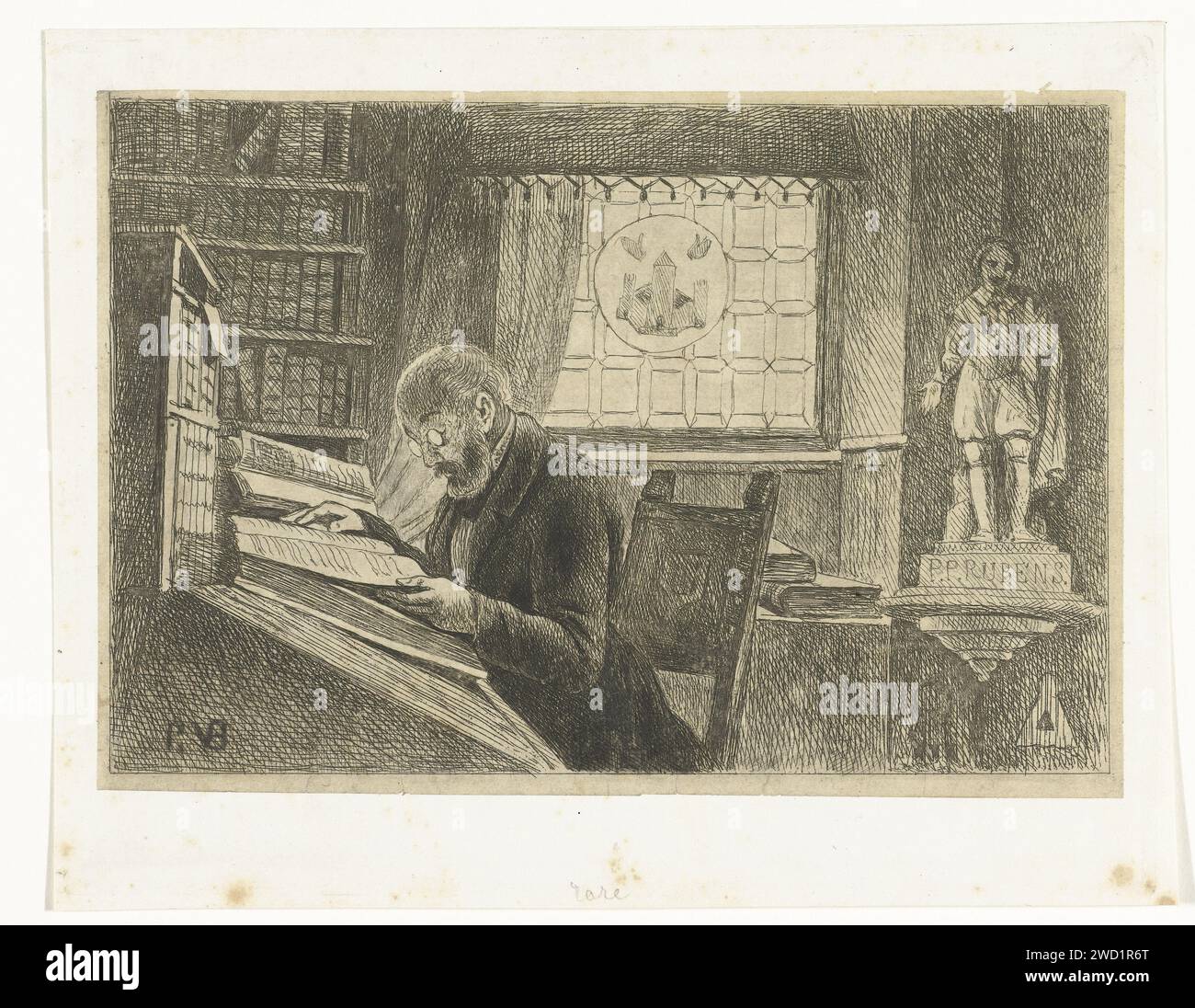 Portrait de Frederik Verzachter à son bureau dans les archives, Philippus Jacobus van Bree, c. 1833 - avant l'impression c. 1871 Portrait de l'archiviste de la ville d'Anvers Frederik Veracher, assis à son bureau dans les archives. Sur la droite dans le coin se trouve une statue de Rubens sur une table. Le blason de la ville d'Anvers est incorporé dans le vitrail de la fenêtre. Papier d'Anvers. archive de gravure (+ érudit, scientifique (au travail)). roulement armorial, héraldique. personnages historiques Banque D'Images