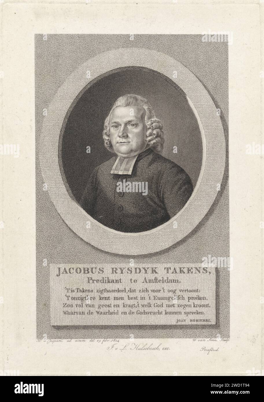 Portrait du pasteur Jacobus Rijsdijk Takens, Willem van Senus, d'après Hendrik Willem Caspari, 1783 - 1851 tirage gravure sur papier Amsterdam Banque D'Images