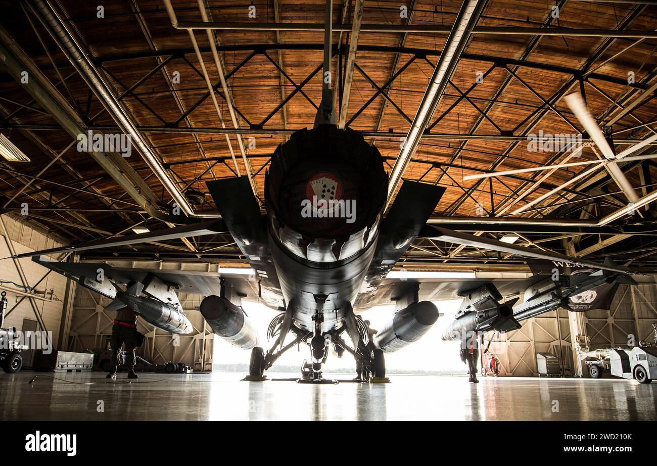 Des aviateurs américains travaillent sur un faucon de combat F-16CM dans le hangar de Shaw Air Force base, Caroline du Sud. Banque D'Images