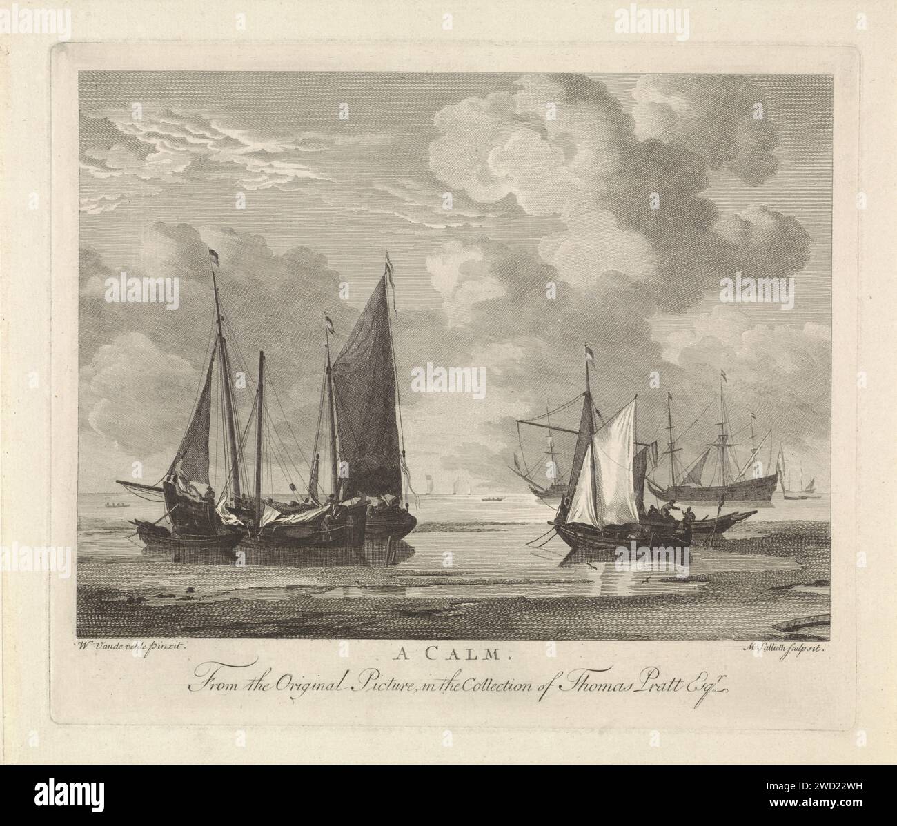 Calme de l'eau avec des bateaux de pêche, Mathias de Sallieth, d'après Willem van de Velde, 1764 - 1791 imprimer papier gravure mer (paysage marin). absence de vent, calme. voilier, voilier Banque D'Images