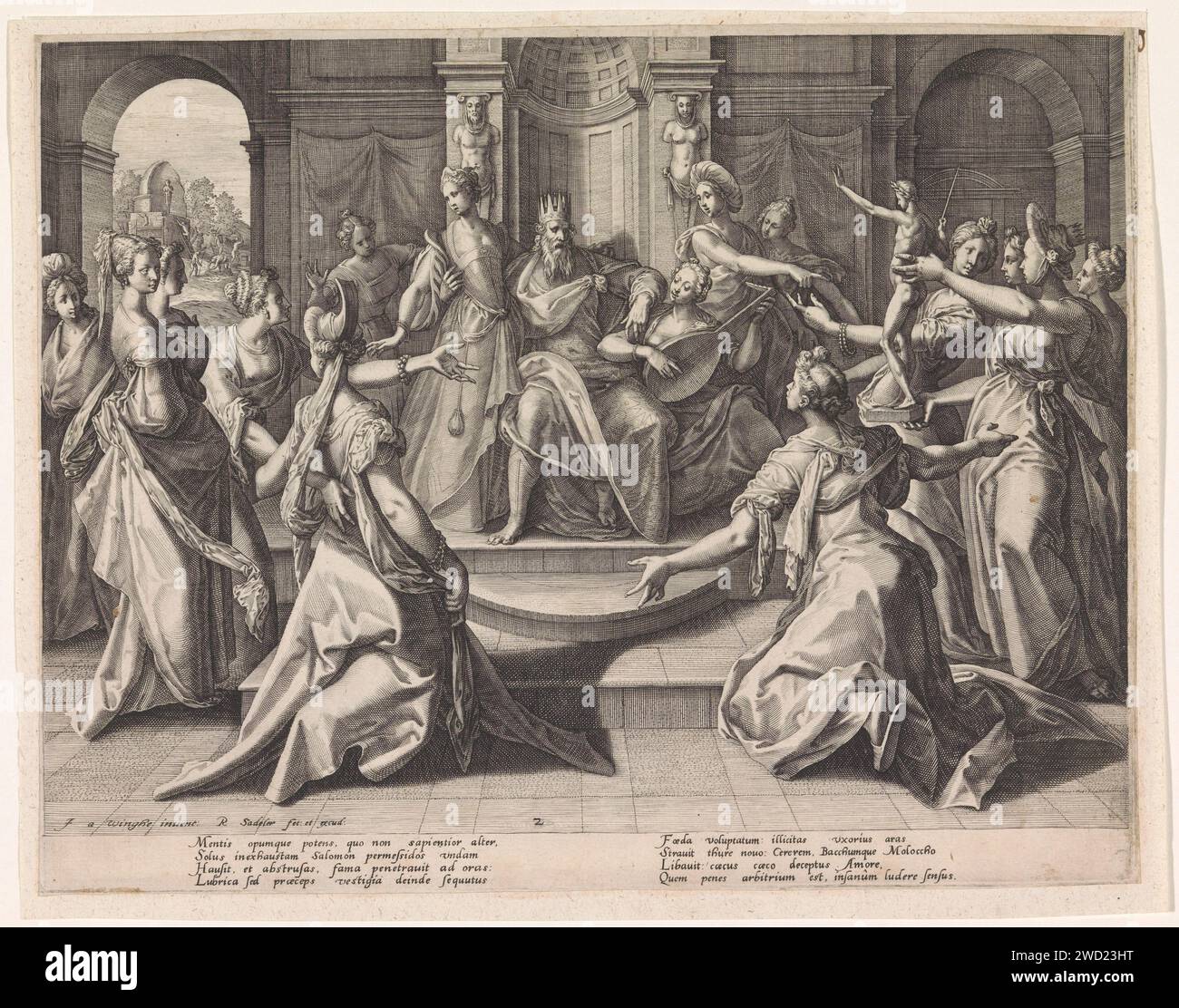 Solomos idolâtrie, Raphaël Sadeler (I), d'après Joos van Winghe, 1589 imprimer le roi Salomon est assis sur son trône, entouré d'un groupe de femmes habillées élégantes. L'un d'eux joue du luth. Une autre femme lui tient une image d'idole. En arrière-plan à gauche, un temple est construit pour une image d'idole sur papier Cologne gravant l'idolâtrie de Salomon. influence pernicieuse des femmes, 'femmes fatales' Banque D'Images