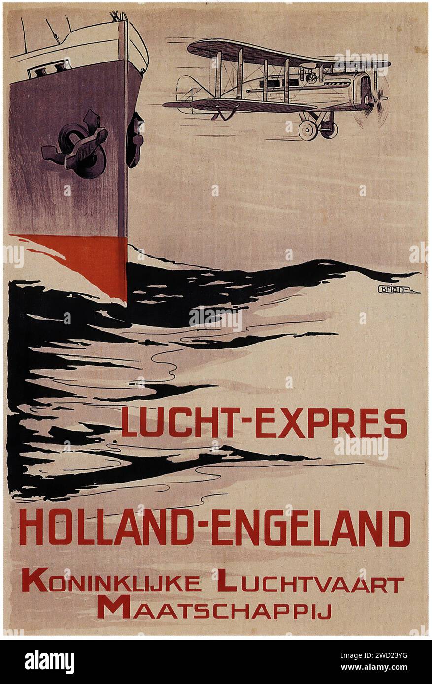 'Lucht-Express Holland-Engeland Koninklijke Luchtvaart Maatschappij' 'Aerial Express Holland-England Royal Aviation Company' cette affiche de 1921 présente un biplan survolant un bateau à vapeur dans un style Art déco austère avec des lignes audacieuses et des couleurs limitées, évoquant l'aviation commerciale et les voyages maritimes du début du 20e siècle. Banque D'Images