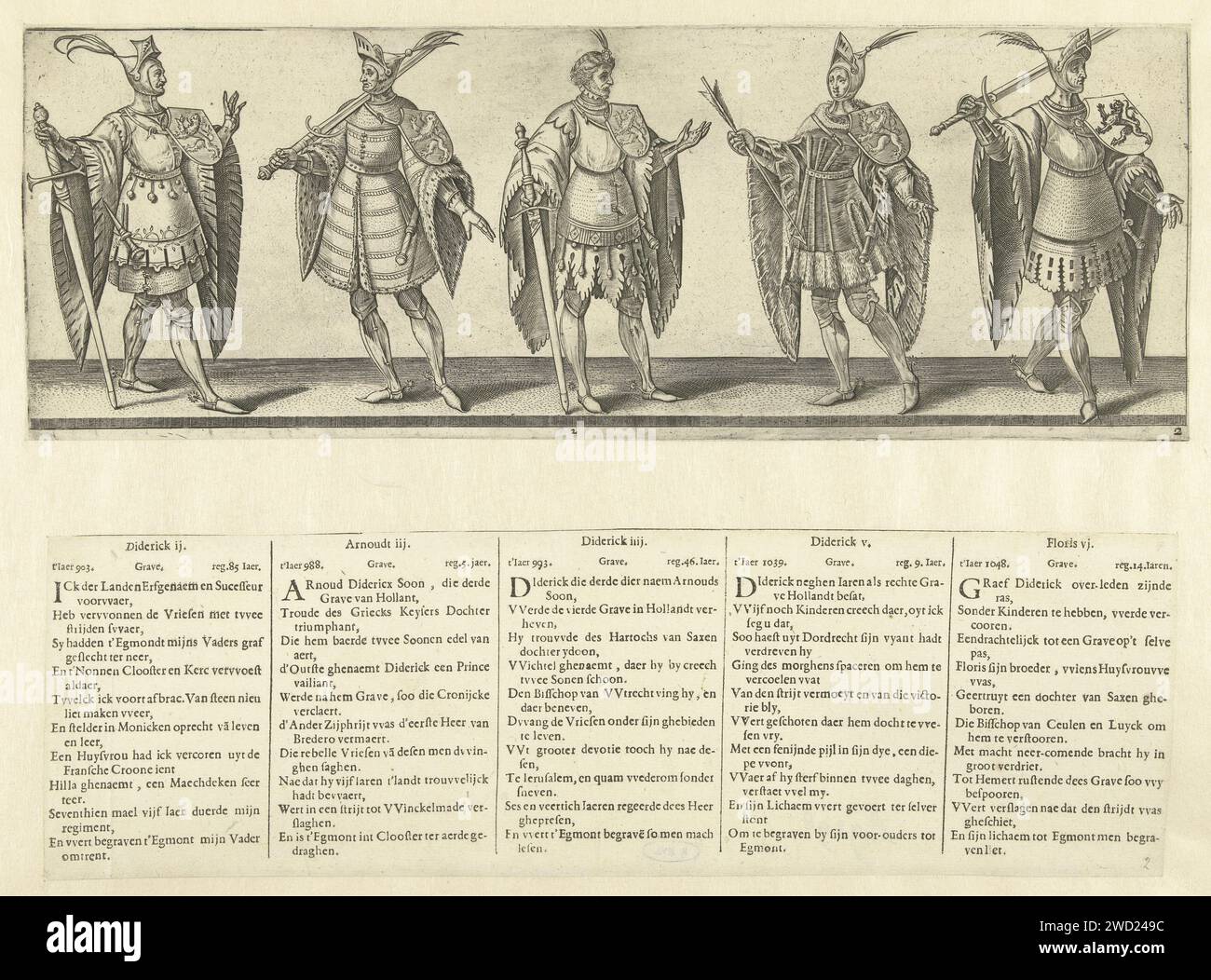 Grave Dirt II, Aarnout, youk IV, DWEK v a Floris VI, Humbrick Galtz, d'après Willers, 1596 - 1652 imprimer Présentation de cinq hommes, quatre avec épée et bouclier, un avec flèche et bouclier. Selon la légende qui l'accompagne, graves van Holland Dirk II, Aarnout III, Dirk IV, Dirk V et le Floris VI (on entend par Dirk II, Aarnout, Dirk III, Dirk IV et Floris I). Cette estampe fait partie d'une série de huit estampes numérotées des tombes et gravures de la Hollande avec des textes explicatifs néerlandais en livre imprimé. L'impression et le texte sont toujours attachés à une feuille. Incidemment, il semble y avoir littl Banque D'Images