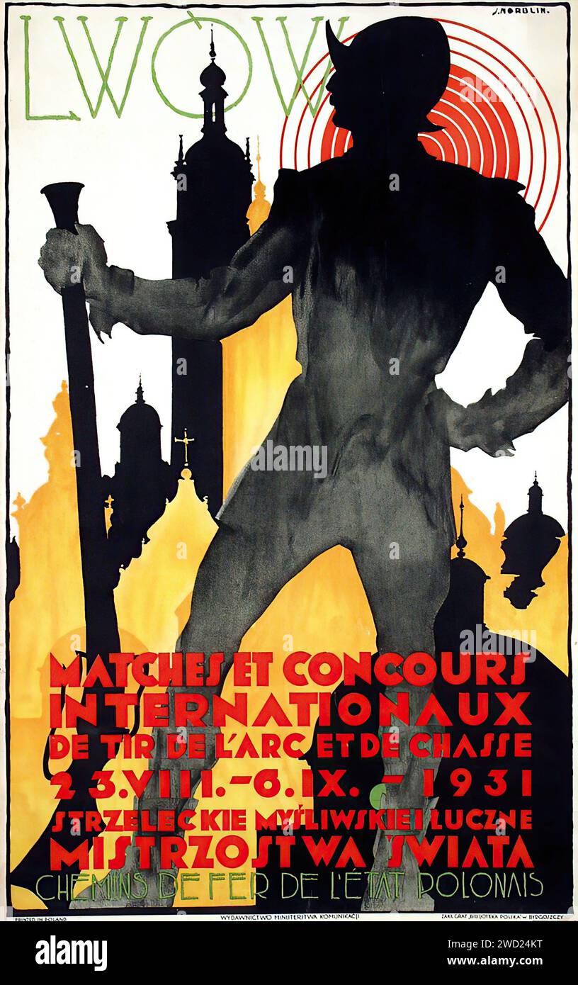 'Lwów' 'matches et concours internationaux de tir de l'arc et de chasse 3.VIII-6.X. 1931' 'Strzelckie Mysliwskie Luzcne Mistrzostwa Swiata' 'chemins de fer de l'État polonais' cette affiche présente la silhouette d'un archer avec un arc, sur fond avec des cercles concentriques et la silhouette d'un paysage urbain avec des tours d'église. Le style est Art Déco, avec une forte utilisation de couleurs contrastées, de formes géométriques et de typographie audacieuse. Banque D'Images