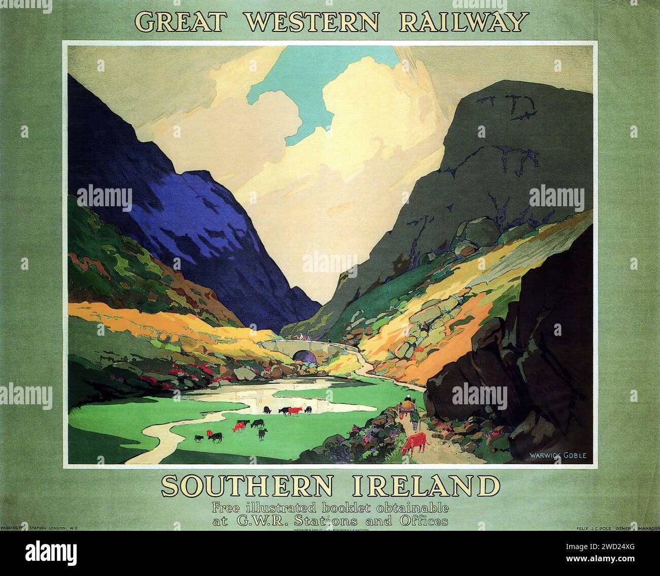 « GREAT WESTERN RAILWAY SOUTHERN IRELAND Livret illustré gratuit disponible dans les gares et bureaux de G.W.R. » affiche de voyage pittoresque pour l'Irlande du Sud par Great Western Railway, présentant un paysage verdoyant avec une rivière et des montagnes. Le style est Art Nouveau avec des lignes fluides et une palette de couleurs harmonieuse et naturelle. Banque D'Images