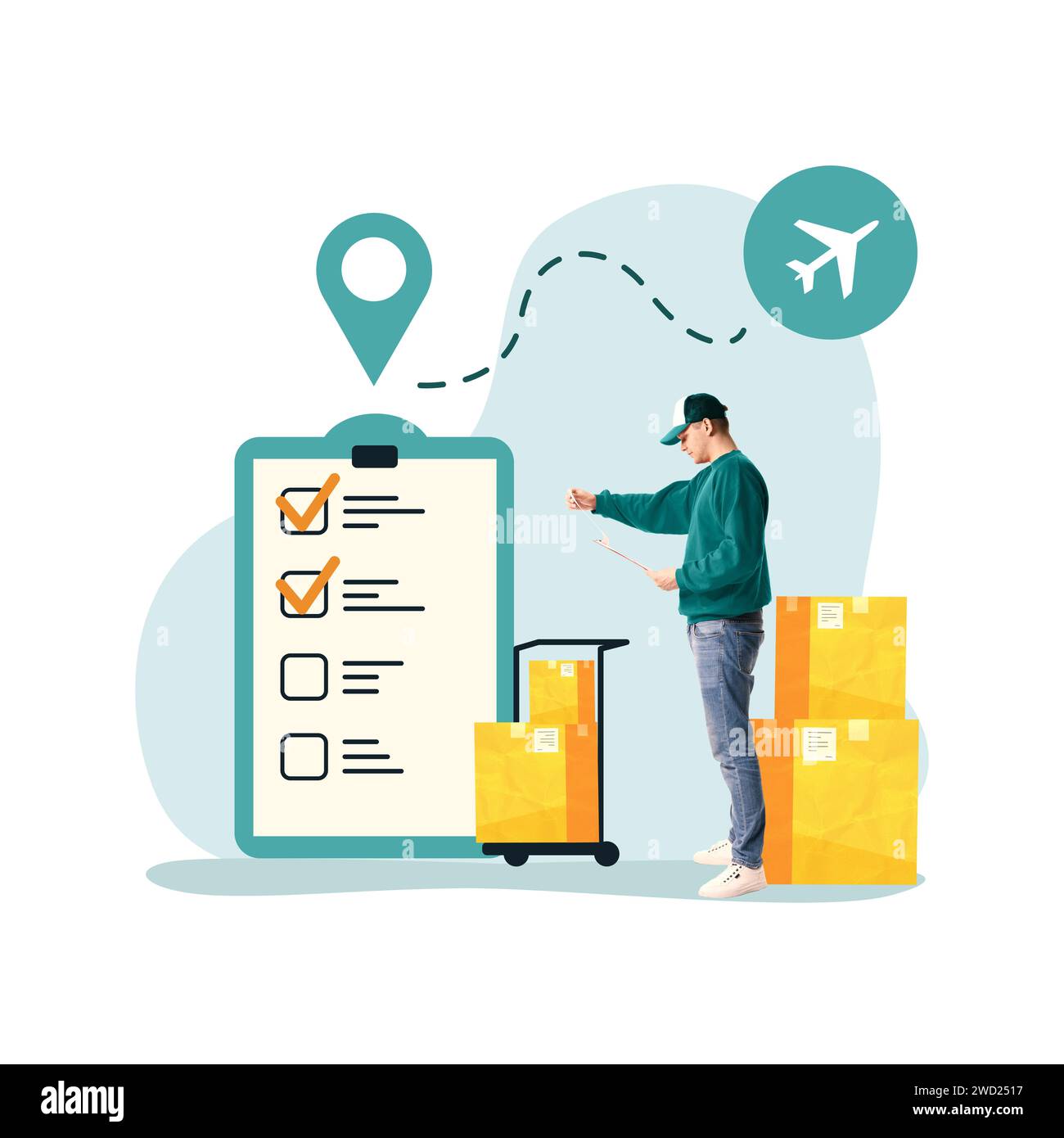 Collage d'art contemporain. Travailleur avec presse-papiers et stylo près de la main camion et colis contre fond avec des icônes pour l'emplacement et l'avion. Banque D'Images