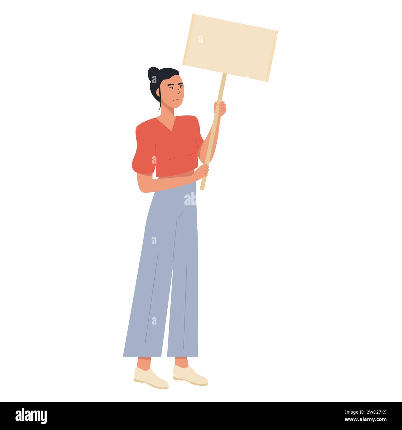 Femme caucasienne malheureuse moderne protestant contre la violence tenant une pancarte vierge pour texte ou publicité. Manifestation. Protestation, rébellion, grève. Vecteur f Illustration de Vecteur