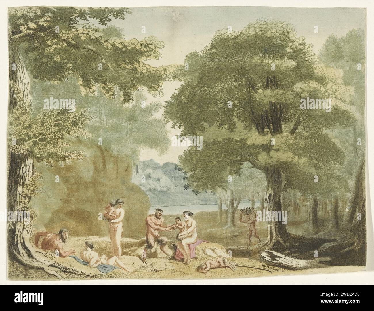 Nymphes et saters dans un paysage., Martinus Berkenboom, d'après Herman van Swanevelt, c. 1650 - c. 1715 imprimer dans un paysage forestier il y a quelques nymphes et saters avec leurs enfants dans un espace ouvert. Au milieu une nymphe avec un petit sater sur le tour qui peut jouer de la flûte de pan. Sur la droite, un sater arrive en courant avec un panier avec des fruits sur la tête. Un lac forestier en arrière-plan. Papier Nijmegen gravure des affaires d'amour de satyre(s). Nymphes (en général) ; 'Ninfe in communal' (Ripa) Banque D'Images