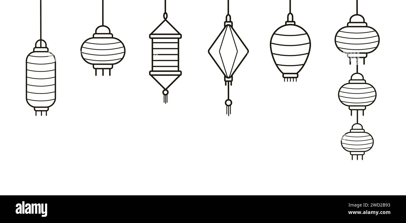 Ensemble d'icônes de lanternes de rue en papier chinois de différents types et tailles décrites dans un style plat. Paquet de décorations traditionnelles de festival asiatique isolat Illustration de Vecteur