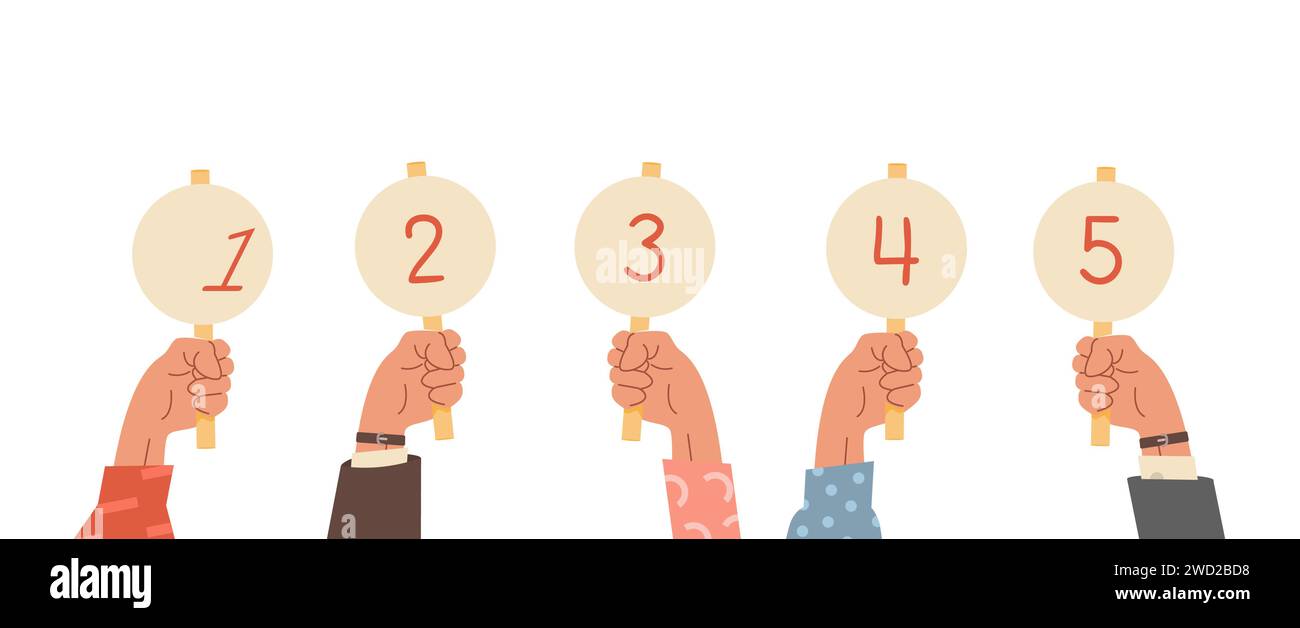 Groupe de mains humaines levées tenant des cartes de score. Hommes d'affaires et manches habillées décontractées avec quantité de scores obtenus en compétition, tournoi ou concours Illustration de Vecteur