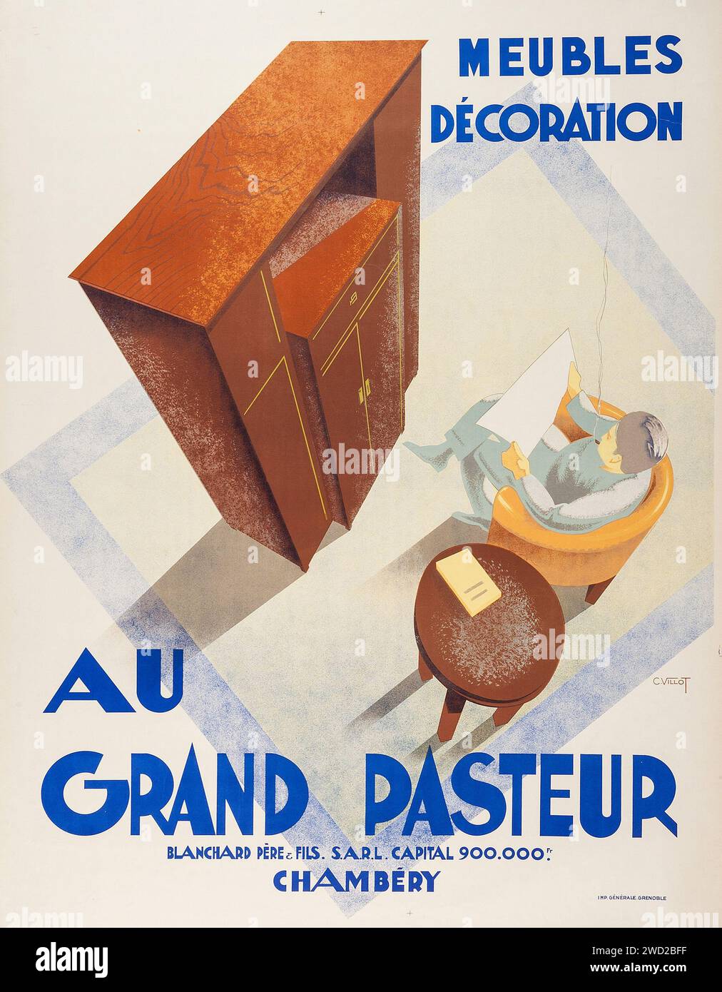 Au Grand Pasteur, meubles décoration, Chambéry - affiche publicitaire (1935). Publicité française pour meubles - affiche Art Déco française. Banque D'Images
