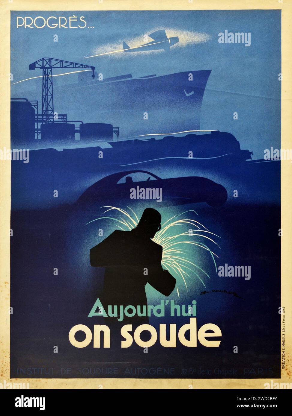 Vintage Poster Welding Progress Today car Boat plane train Art Industry - 1930s. Banque D'Images