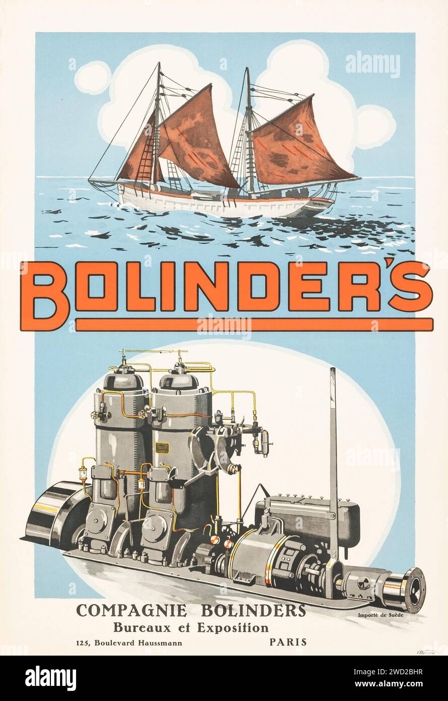 Bolinder's (c. 1930s) affiche publicitaire française, moteurs de bateaux. Banque D'Images