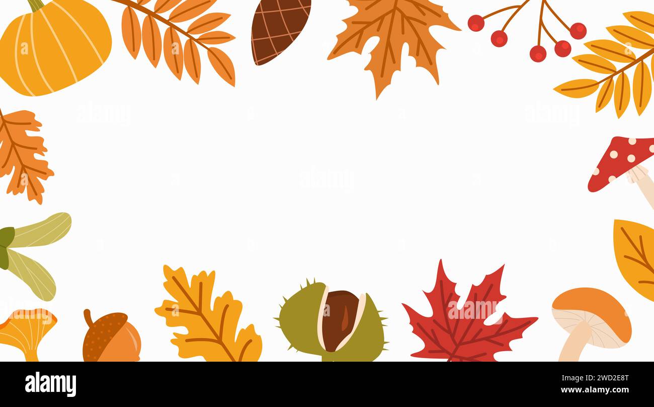 Fond vectoriel plat de saison d'automne. Modèle de bannière colorée botanique d'automne avec place pour le texte. Feuilles séchées, brindilles, fond décoratif champignon. Illustration de Vecteur