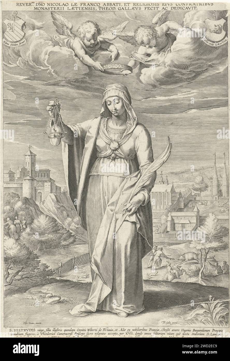 Sainte Hiltrude van Liessies, Theodoor Galle (attribué à), d'après Otto van Veen, 1581 - 1633 imprimer la sainte Hiltrude debout, avec une lampe à huile brûlante dans la main droite. En arrière-plan un paysage avec un château et un monastère (Liessies), où l'on chasse un sanglier. L'impression a une légende latine. Anvers gravure sur papier des saintes féminines (avec NOM). Abbaye de Liessies, chasse au sanglier Banque D'Images