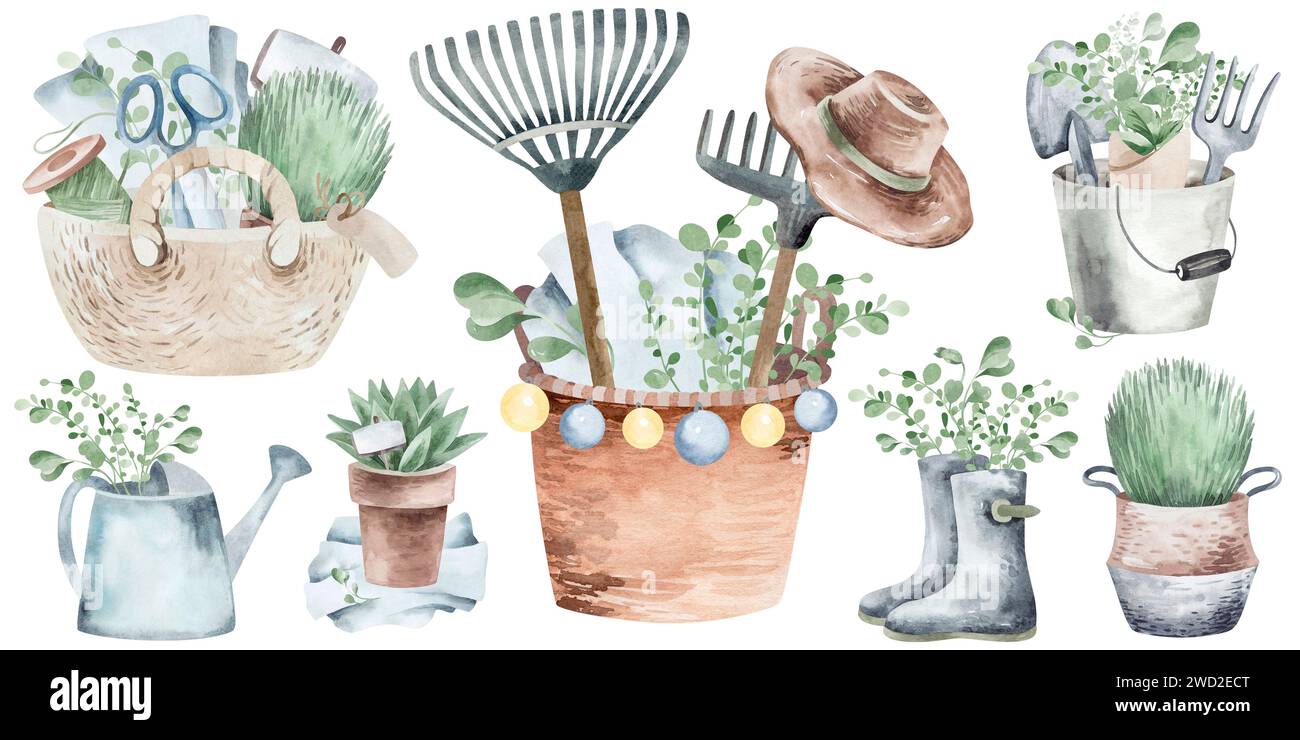 Outils et équipements de jardinage. Éléments d'aquarelle d'arrosoir vintage, tablier et gants sur fond blanc. Icônes de jardinage dessinées à la main. Banque D'Images