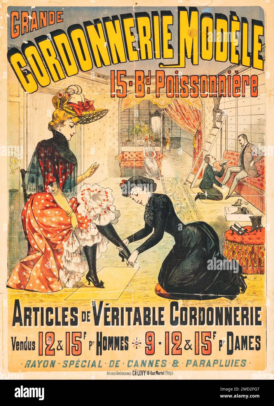 Cordonnerie Modèle (années 1890). Affiche publicitaire française pour chaussures - Femme essayant des chaussures. Banque D'Images