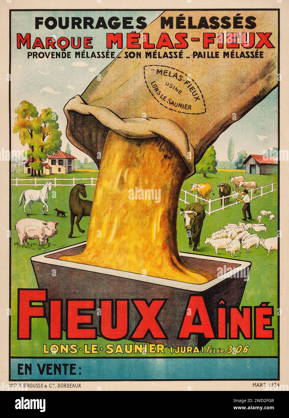 Fieux aine (Mars, 1934). Affiche publicitaire française - utilisé pour le pâturage du bétail et du bétail, Fieux aine était un fourrage enrichi en mélasse utilisé pour produire de la viande plus grasse et des produits laitiers - animaux de ferme, porcs, chevaux, vaches Banque D'Images